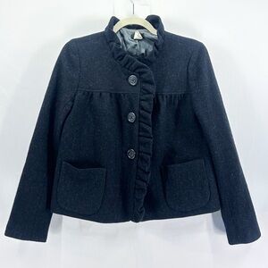 Y2K J. Crew Fiona 100% Wool Heathered Grey Cropped Ruffle Jacket Size 2